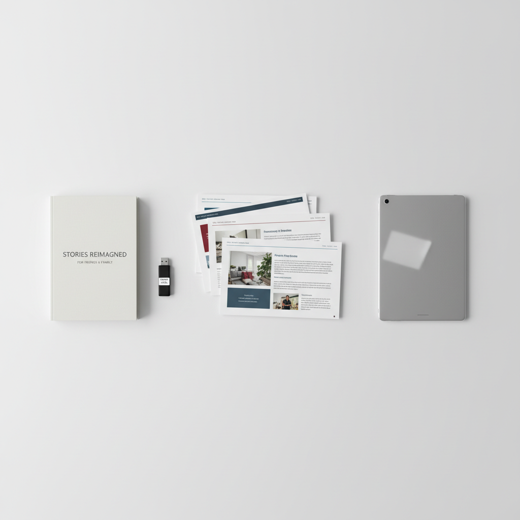 An organized flat lay of hybrid storytelling materials covers a wide, matte white surface: printed PowerPoint slides with image-and-text layouts, a bound proof copy of a book with a minimalist cover, a USB drive labeled with neat handwriting, and a closed, thin tablet showing a faint reflection. Subtle color accents come from the slide designs—muted blues, deep reds, and soft grays—while the rest of the palette remains restrained and professional. Overhead, soft studio lighting evenly illuminates the scene, leaving only very gentle shadows for depth. Photographic realism with a top-down, bird’s-eye composition creates a clean, graphic look that communicates organization, clarity, and the careful preparation of hybrid books for friends and family.