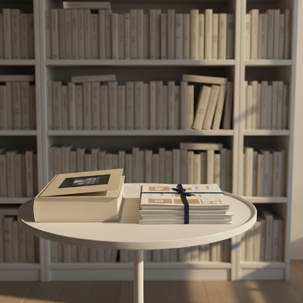A small, dedicated reading nook features a simple, modern side table holding a single hybrid book and a neatly stacked set of printed PowerPoint decks tied with a thin, dark ribbon. Behind the table stands a tall bookcase with evenly spaced shelves filled with uniformly neutral-colored spines, allowing the hybrid materials in the foreground to stand out. Warm, late-afternoon sunlight streams through an unseen window, creating elongated shadows and a soft glow on the pages slightly ajar. Photographic realism, captured from an eye-level perspective with the focus on the tabletop items while the background shelves softly blur. The mood is warm, reflective, and professional, suggesting a personal yet polished space for sharing carefully crafted visual stories.