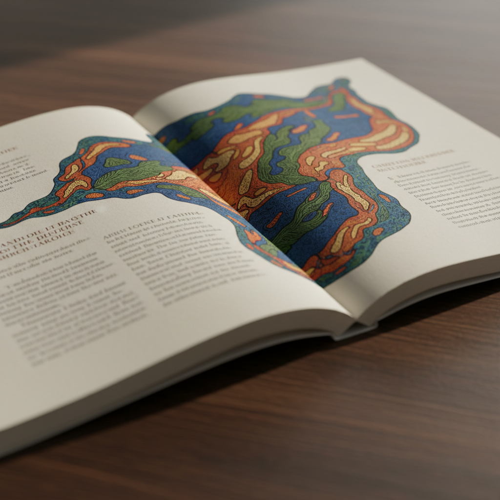 A close-up, photographic view of a single hybrid book spread showcases richly textured, slightly off-white paper where finely printed serif text wraps around a large, colorful image. The image appears as an integrated illustration, bleeding to the edge of the page while captions and side notes align in carefully structured columns. The book lies on a dark, subtly grained wooden surface that contrasts with the light pages. Soft, indirect afternoon light falls diagonally across the spread, highlighting the paper’s texture and creating gentle shadows in the spine. Shot from a low, raking angle with very shallow depth of field, the composition feels intimate and contemplative, emphasizing craft, detail, and the tangible quality of the printed hybrid work.