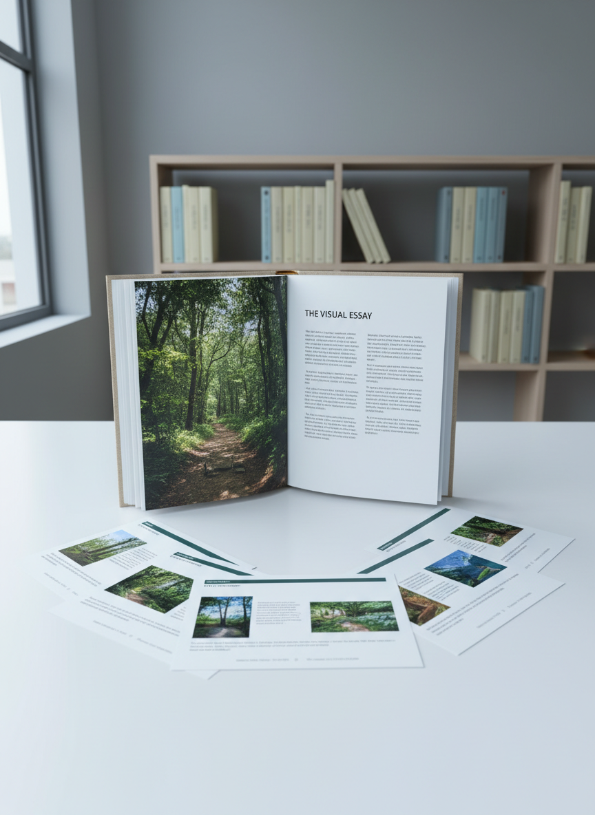 An open hybrid book rests at the center of a minimalist white table, its thick, semi-matte pages displaying a full-bleed photograph on the left and clean, well-spaced text on the right. Surrounding the book are printed PowerPoint handouts in landscape orientation, each combining infographics and images with concise captions. A muted gray wall and a tidy bookshelf of uniformly bound volumes form the background. Cool, diffused daylight illuminates the scene from the left, creating soft shadows along the page edges. Captured at eye level with photographic realism and a balanced composition, the image exudes a calm, professional mood that highlights the thoughtful integration of words and pictures.