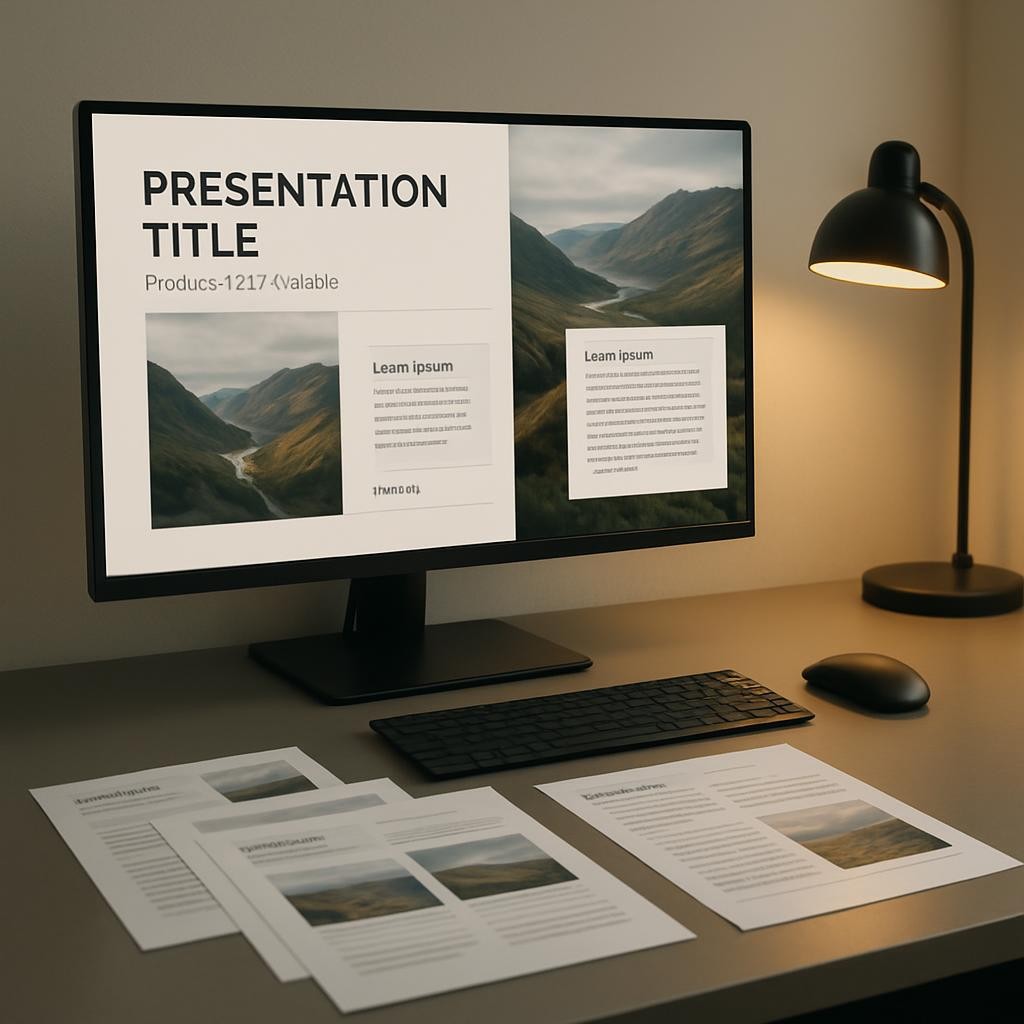 A widescreen monitor dominates a sleek, uncluttered workspace, displaying a PowerPoint slide in full-screen mode that blends a high-resolution photograph with layered text boxes and subtle graphic elements. On the desk below, a few printed slides fan out, revealing a consistent visual theme across each page. The monitor sits against a neutral, light-colored wall, with a single, modern desk lamp casting warm, focused light that contrasts with the cooler ambient room light. Photographic realism, captured from a slightly off-center, three-quarter angle to emphasize the depth of the workspace. The mood is disciplined and professional, suggesting meticulous curation of hybrid word-and-picture books for sharing with close contacts.